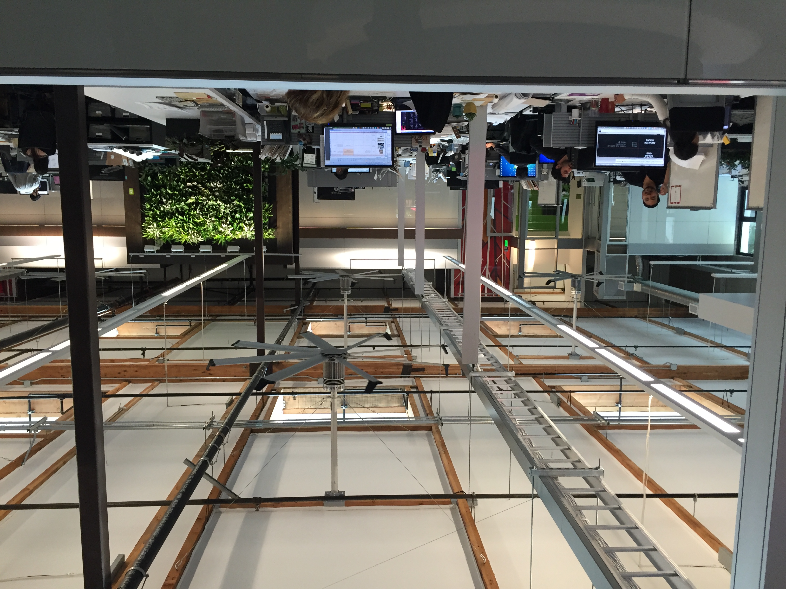 High-performance office interior — exposed ceiling, big fans, natural light