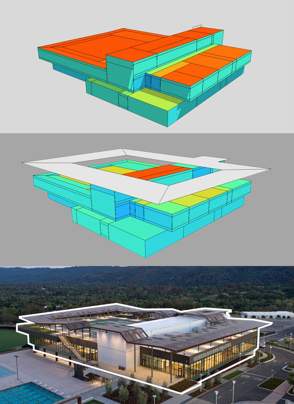 Energy model and building rendering showing A2 Efficiency's analysis-to-design process
